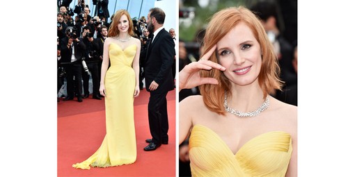 Jessica Chastain complementou o longo Armani com joias de brilhante da Piaget