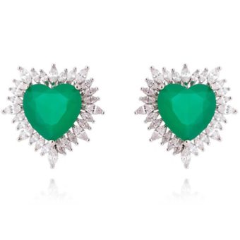 brinco de coração esmeralda com zirconias navetes cristais semijoias de luxo