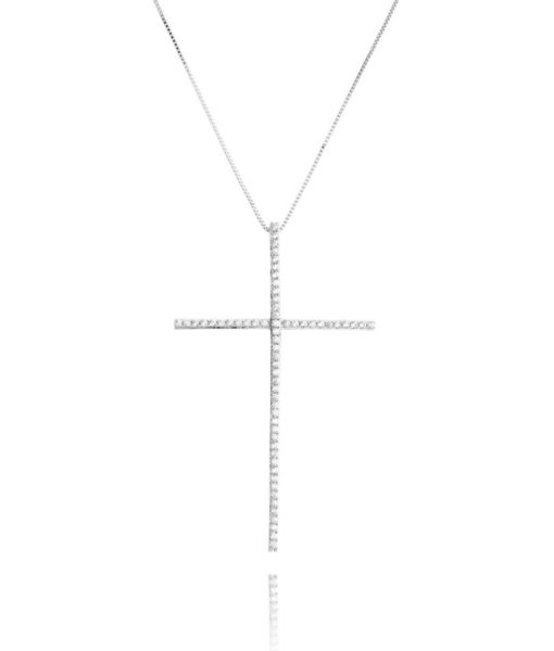 colar prata 925 crucifixo moderno com zirconias cristais e banho de rodio semi joias religiosas
