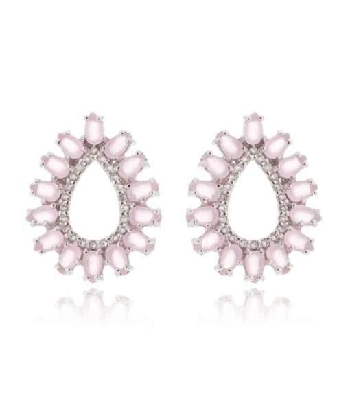 brinco da moda quartzo rosa com zirconias cristais e banho de rodio semi joias online