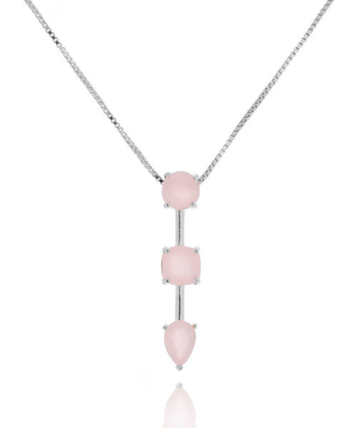 colar geometrico prata com zirconias rosas
