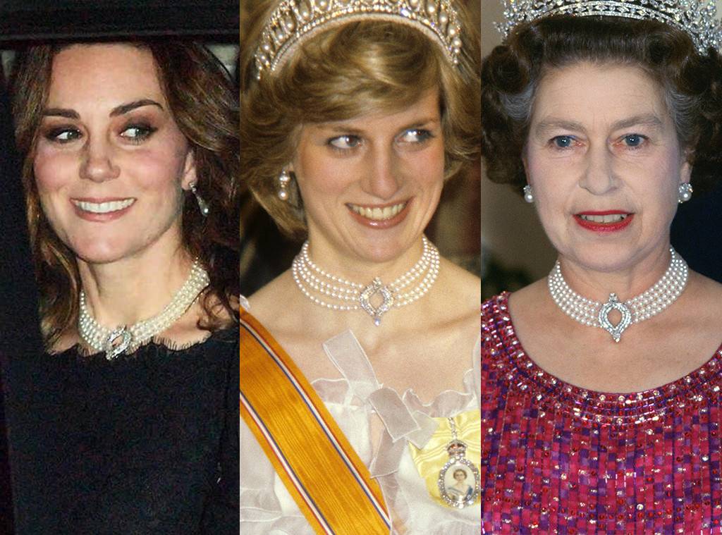 Kate, Diana e Elizabeth com o mesmo colar em momentos importantes