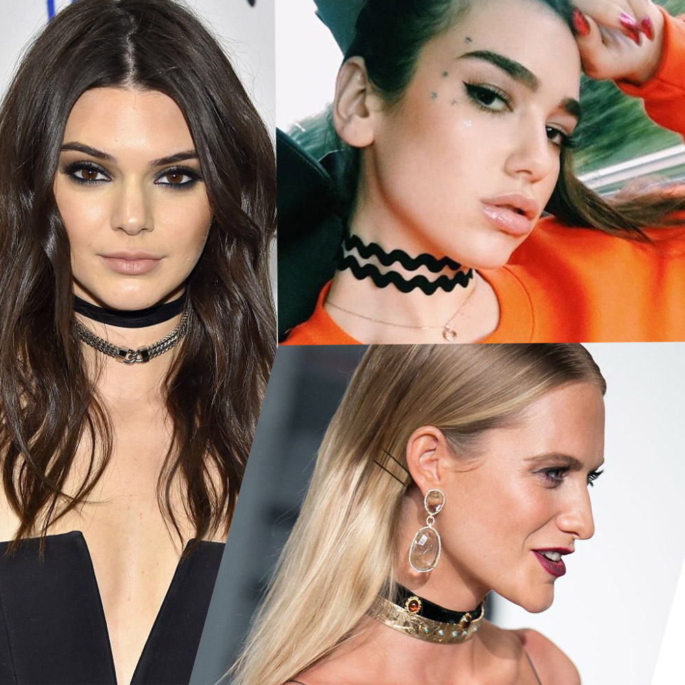 Kendall e Poppy optam pela composição com duas chokers de materiais diferentes, já Dua Lipa escolhe um modelo de choker mais grosso