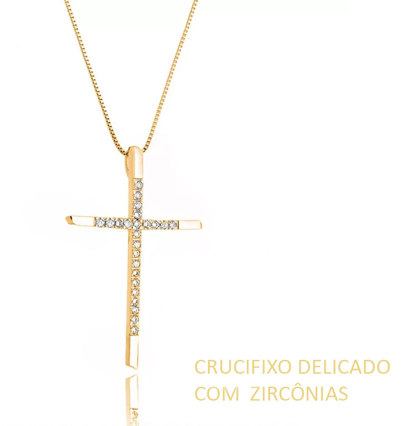 Crucifixo Dourado Cravejado Zirconias Semijoias