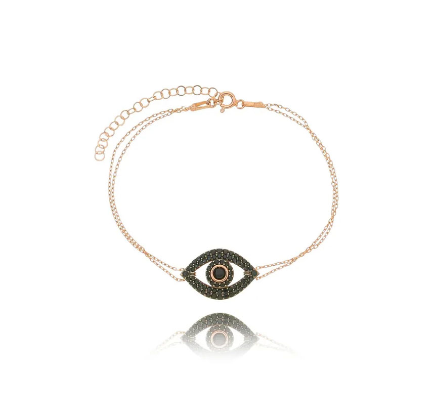 Pulseira olho grego ouro rose zirconia preta