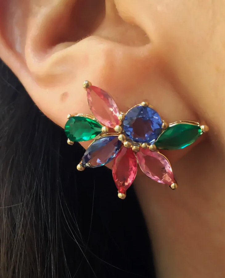 brinco ear cuff colorido flor