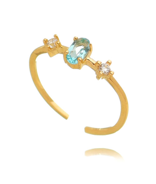 Anel ajustavel fininho skinny ring oval agua marinha prata 925 banho ouro
