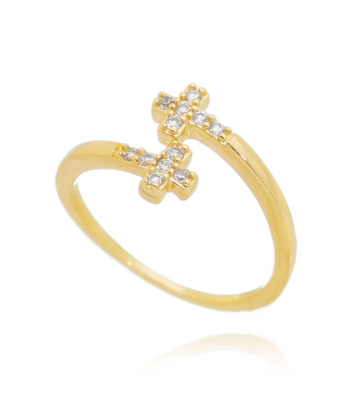 Anel de cruz dupla intercalada zirconias semi joia dourado