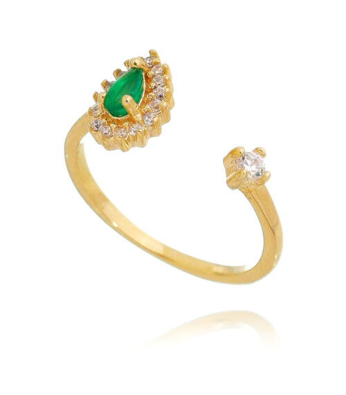 Anel falange flutuante ou anel dedinho de gotinha esmeralda cravejada prata 925 banho ouro