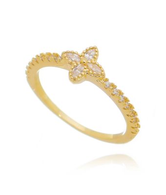 Anel flor LV zirconias brancas dourado semi joia fina