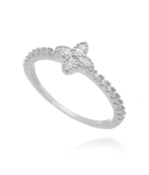 Anel flor LV zirconias brancas rodio semi joia fina