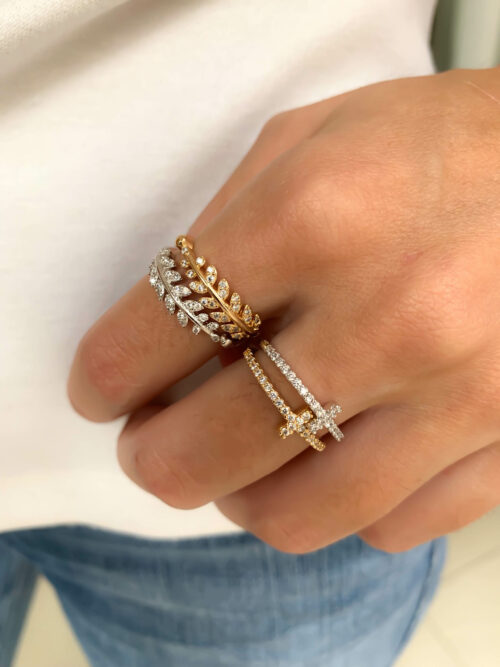 Anel de folha de zirconias brancas dourado semi joias - Image 2