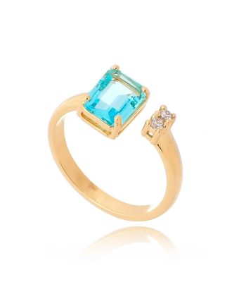 Anel Água Marinha Zirconia Com Banho Ouro 18K Semi Joias