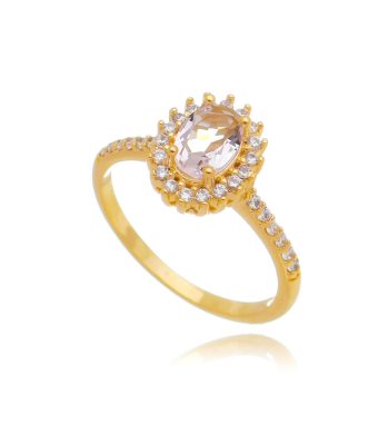 Anel oval princess kunzita envolto por zirconias brancas banho ouro