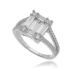 Solitário Luxuoso Princess Cut Zirconias Brancas Baguetes Semi Joia Rodio