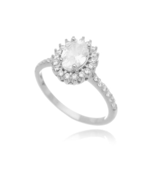 Anel oval princesa zirconias brancas rodio semi joia