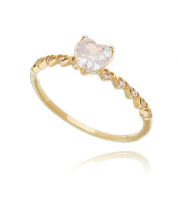 Solitário de coração zirconia branca com meio aro de coraçõezinhos prata 925 banho ouro