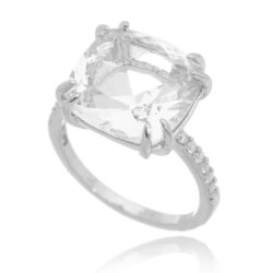 Anel quadrado solitário cristal e zirconias semi joia ródio