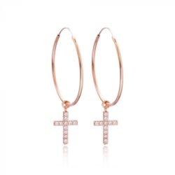 Brinco De Argola Media Com Pingente De Cruz Cravejada Prata 925 Rosé