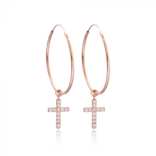 Brinco De Argola Media Com Pingente De Cruz Cravejada Prata 925 Rosé
