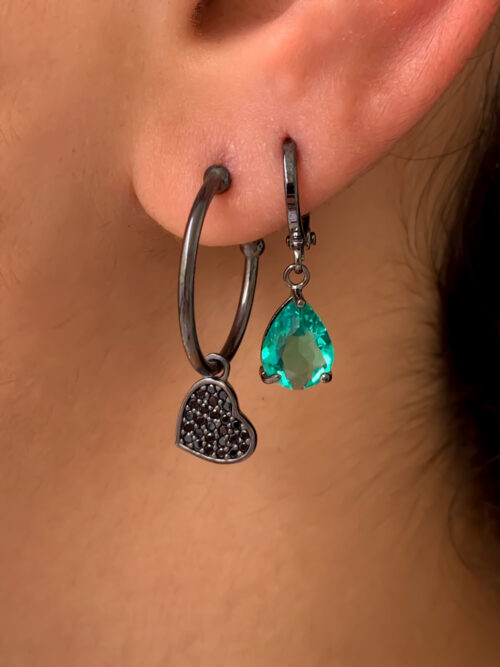 Argola Pequena Com Pingente De Coração Preto Prata 925 Ródio Negro - Image 2