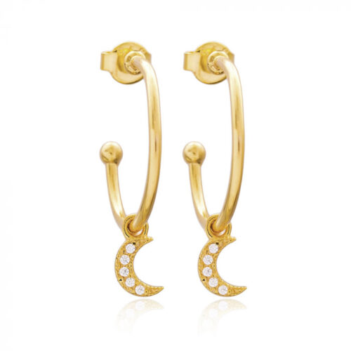 Argola Delicada Com Pingente De Lua Prata 925 Banho Ouro 18K