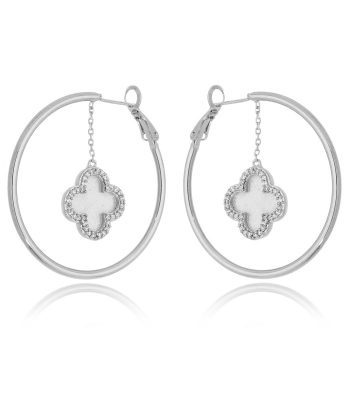 Argola Da Moda Com Pingente De Trevo Zirconias Semi Joia Ródio