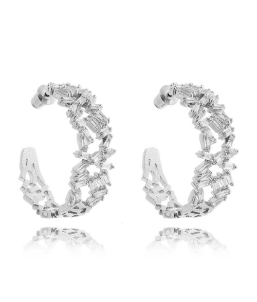 Brinco Argola Luxo Zirconias Cristais Baguetadas Com Ródio Joias Online