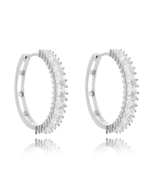 Argola De Zirconias Brancas Quadradinhas Em Rodio Branco Semi Joias De Luxo