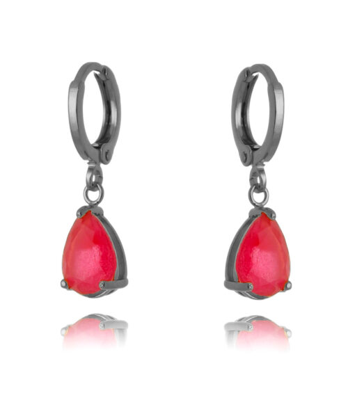 Brinco De Argola Pequena Gota Rubi Semi Joia Rodio Negro