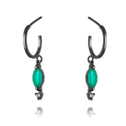 Brinco Argola Pequena Com Navete Esmeralda Leitosa E Zirconia Rodio Negro