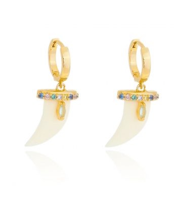 Brinco Dente De Sabre Resina Branca E Espinelios Coloridos Prata 925 Banho Ouro