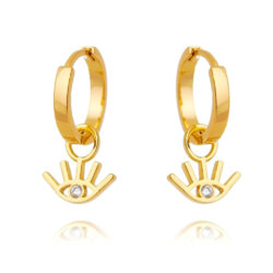 Brinco De Argola Lisa Com Pingente De Olho Estilizado Zirconia Banho Ouro