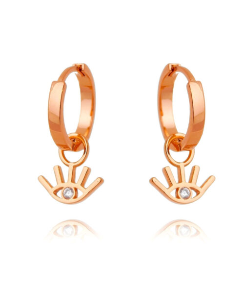 Brinco De Argola Lisa Com Pingente De Olho Estilizado Zirconia Rosé