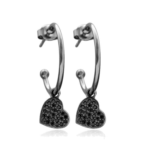 Argola Pequena Com Pingente De Coração Preto Prata 925 Ródio Negro