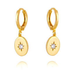Brinco De Argola Medalhinha Oval Lisa Com Estrela De 1 Zirconia Banho Ouro Prata 925