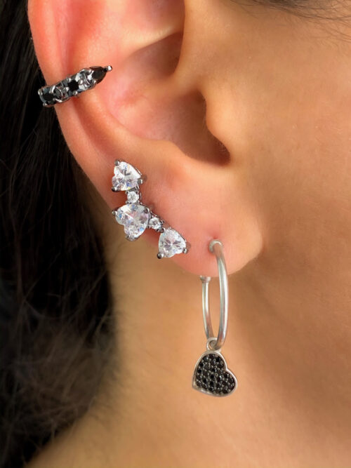 Ear cuff 3 corações zirconias brancas rodio negro semi joia da moda - Image 2