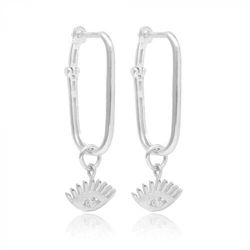 Argola Retangular Exclusiva Com Olho Grego Zirconia Branca Prata 925