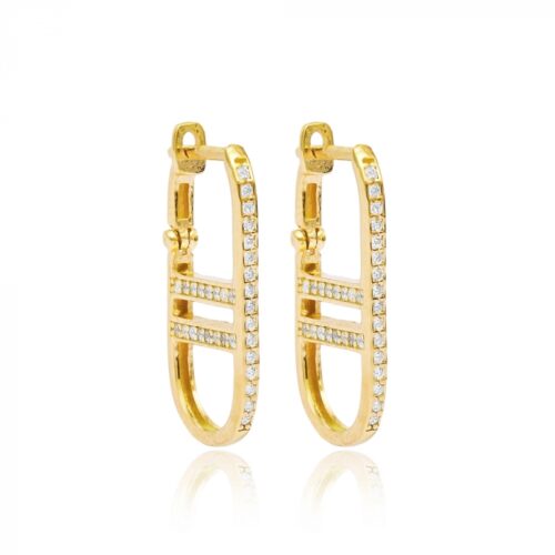 Brinco Estiloso Cravejado Zirconias Prata 925 Banho Ouro