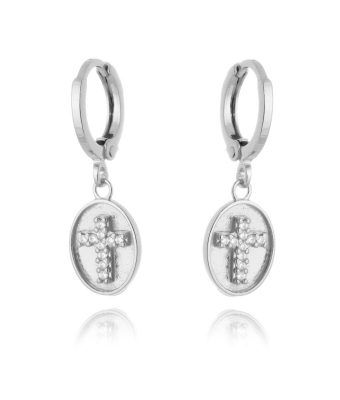 Brinco de medalhinha fosca com cruz cravejada zirconias prata 925