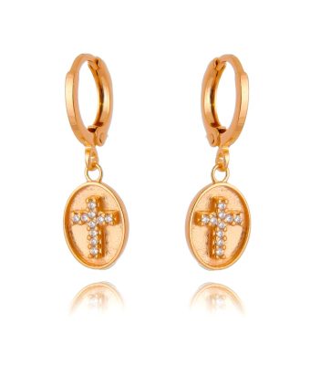 Brinco De Medalhinha Fosca Com Cruz Cravejada Zirconias Prata 925 Rose Gold