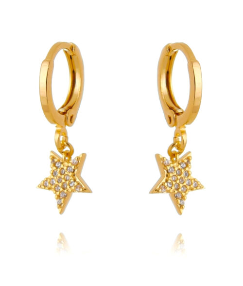 Argola pequena de prata 925 banho ouro pingente estrela cravejada zirconias