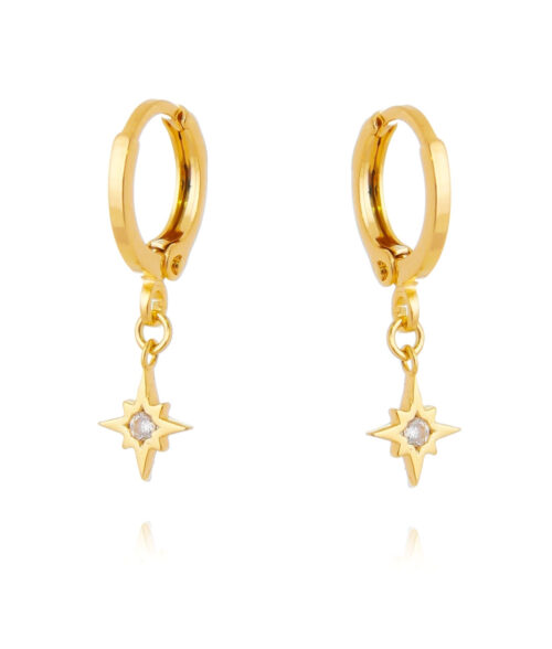 Argola de prata 925 banho ouro estrela 8 pontas cravejada zirconia