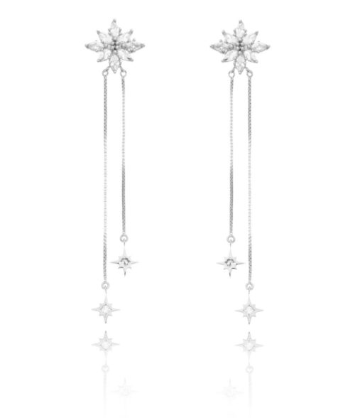 Brinco De Flor Zirconias Com Corrente E Estrelinhas Penduradas Prata 925