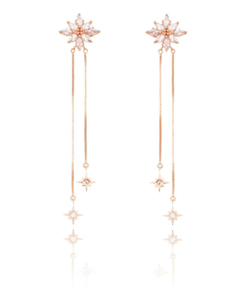 Brinco De Flor Zirconias Com Corrente E Estrelinhas Penduradas Prata 925 Rose