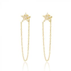 Brinco estrelinha zirconias com corrente na tarraxa prata 925 banho ouro