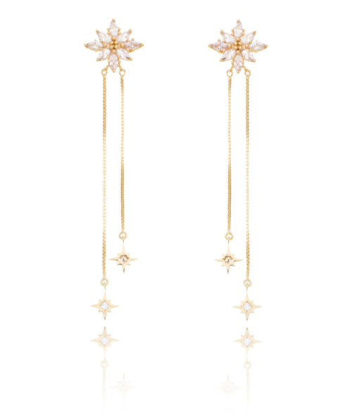 Brinco de flor zirconias com corrente e estrelinhas penduradas prata 925 banho ouro