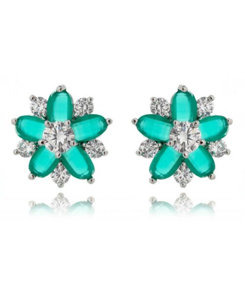 Brinco Feminino Prata Flor De Zirconias Verdes Leitosas E Brancas