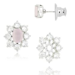 Brinco Duplo Flor Quartzo Rosa Com Zirconia Cristal Joia