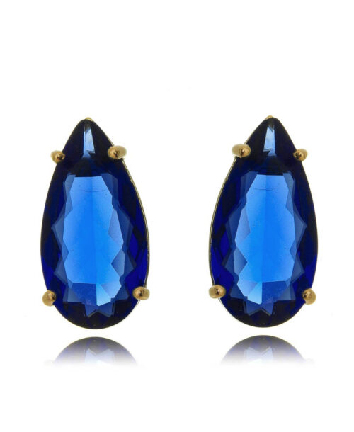 Brinco De Gota Alongada Media Azul Safira Dourado Semi Joia